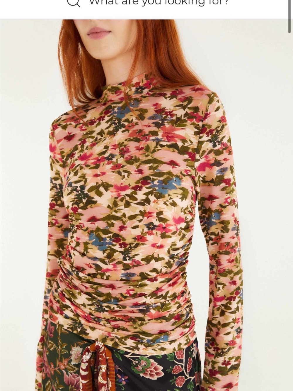 FARM Rio Ikat Floral Mock Neck Ruched Long-Sleeve Top